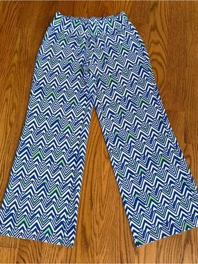 Melly M Wide Leg Chevron Print Pants in Blue, White & Green